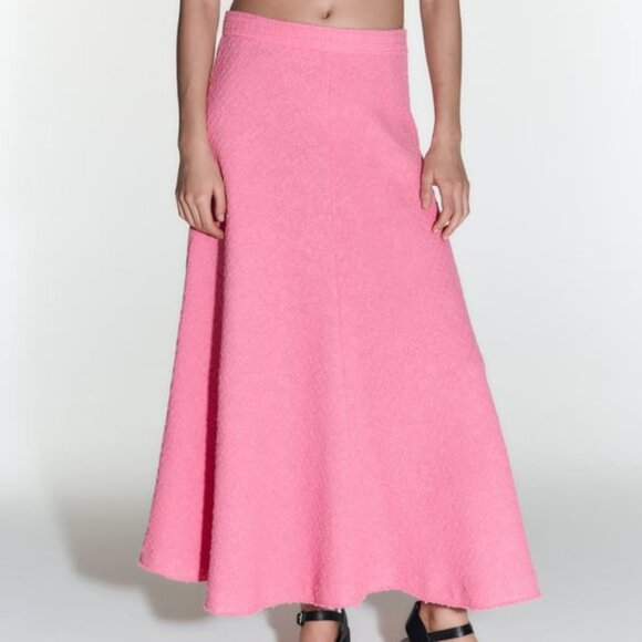 Pink Zara Textured Tweed-Like High-Waisted Long Flowy Skirt (NWT)